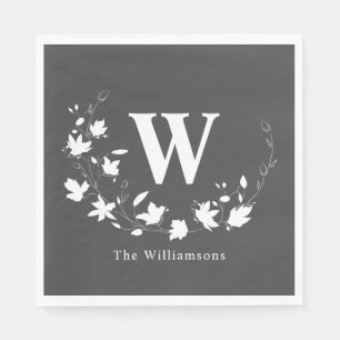 Serviette En Papier Monogramme classique Nom Black White Floral Wreath