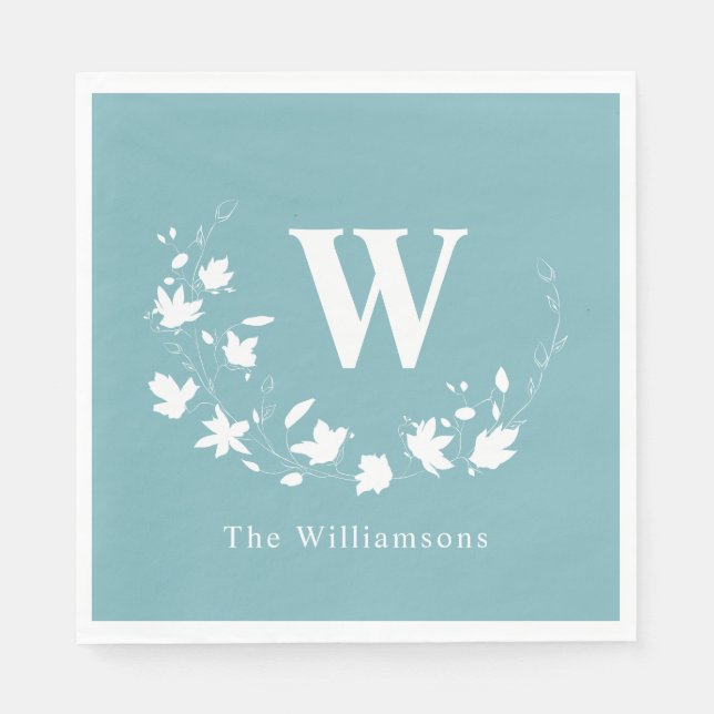 Serviette En Papier Monogramme classique Nom Turquoise Floral Wreath C (Devant)