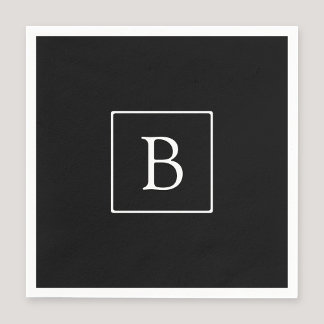 Serviette En Papier Monogramme Classique Simple | Noir avec Texte Blan