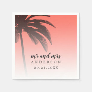 Serviette En Papier Monogramme Corail Tropical Palm Tree Beach Mariage