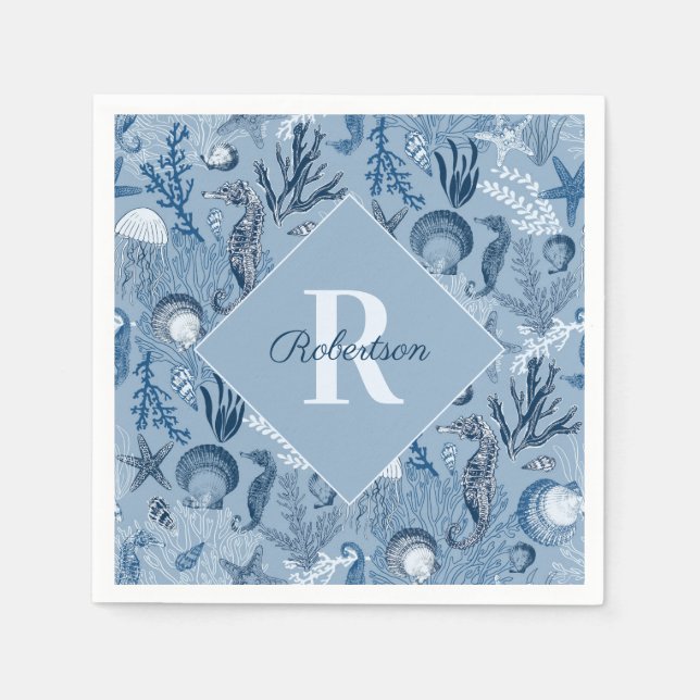 Serviette En Papier Monogramme Côte Océan bleu (Devant)