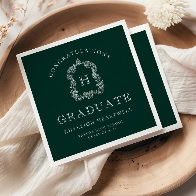 Serviette En Papier Monogramme Crest Green White Graduation Party (Créateur téléchargé)