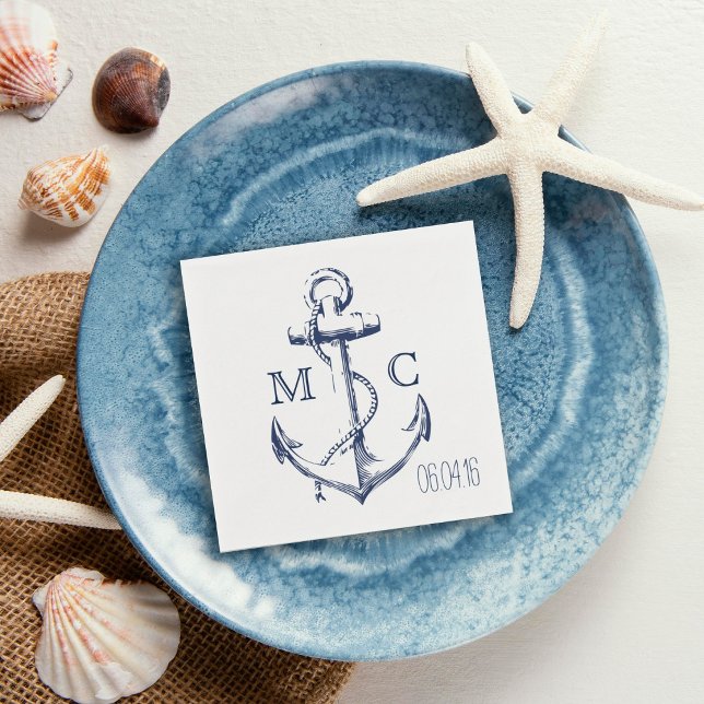 Serviette En Papier Monogramme d'Ancre blanche marine (Créateur téléchargé)