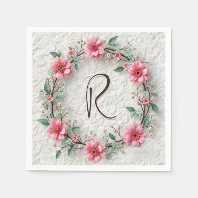 Serviette En Papier Monogramme Dans Une Élégante Wreath Sur Dentelle (Devant)