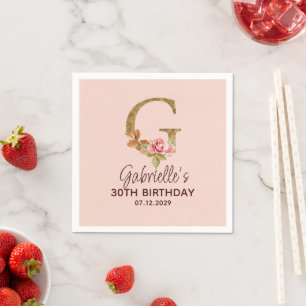 Serviette En Papier Monogramme de lettre G or Roses rose tendre