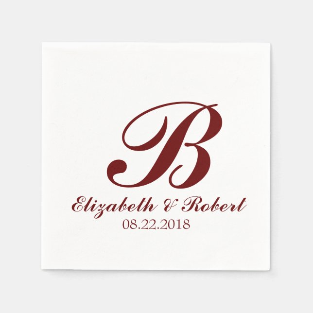 Serviette En Papier Monogramme de Mariage blanc rouge de Bourgogne (Devant)