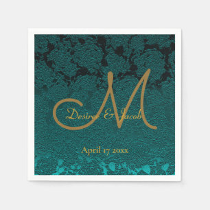 Serviette En Papier Monogramme de mariage floral sarcelle or automne