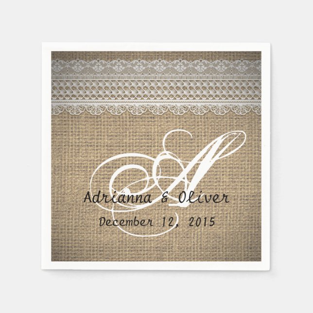 Serviette En Papier Monogramme de mariage rustique campagne toile de j (Devant)