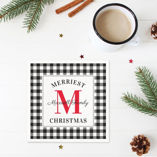 Serviette En Papier Monogramme de Noël de Buffalo Noir Rouge (Créateur téléchargé)