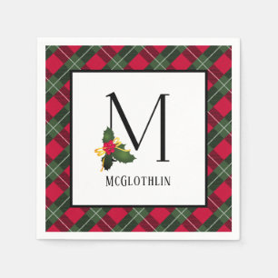Serviette En Papier Monogramme de Noël Holly Plaid M Personnalisé