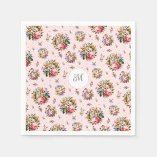 Serviette En Papier Monogramme de nom à motif floral rose élégant vint