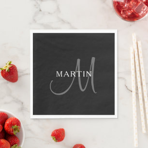 Serviette En Papier Monogramme de nom élégant Noir Blanc & Gris