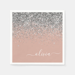 Serviette En Papier Monogramme de Parties scintillant en argent rose v