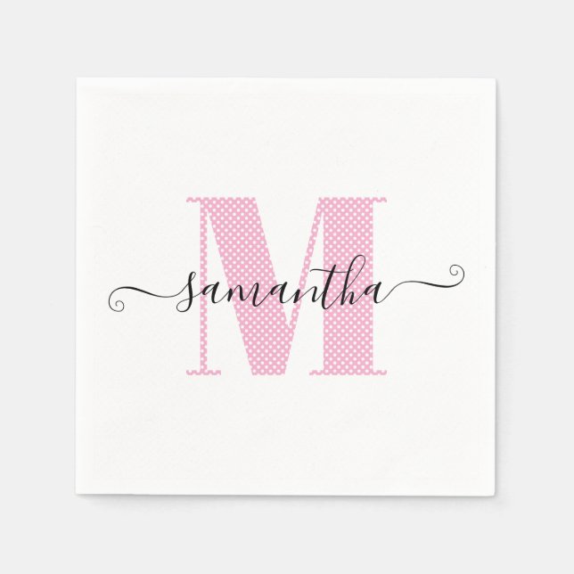 Serviette En Papier Monogramme de pois rose et blanc clair (Devant)