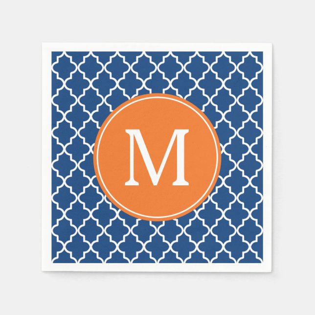 Serviette En Papier Monogramme de Quatrefoil bleu marine et orange (Devant)
