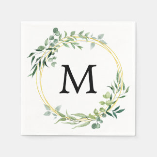 Serviette En Papier Monogramme de verdure d'eucalyptus Mariage vert or
