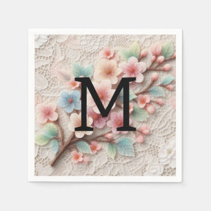 Serviette En Papier Monogramme dentelle rose floral pastel fleurs de c