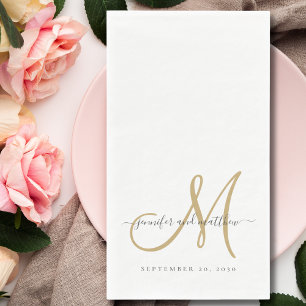 Serviette En Papier Monogramme d'or blanc gris classique Mariage éléga