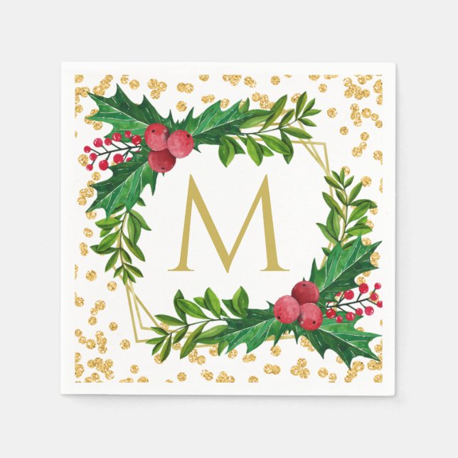 Serviette En Papier Monogramme d'or Joyeux Noël Holly Parties scintill (Devant)