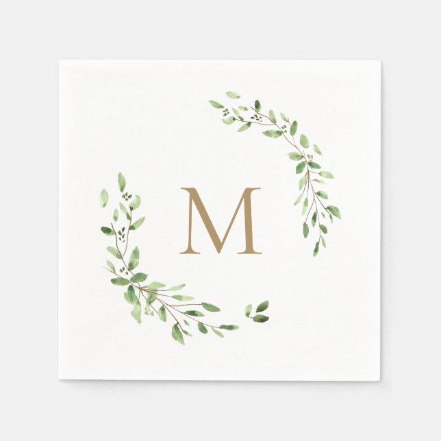 Serviette En Papier Monogramme d'or Mariage Green feuilles Crest (Devant)
