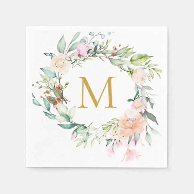 Serviette En Papier Monogramme d'or Rose Garland Floral (Devant)