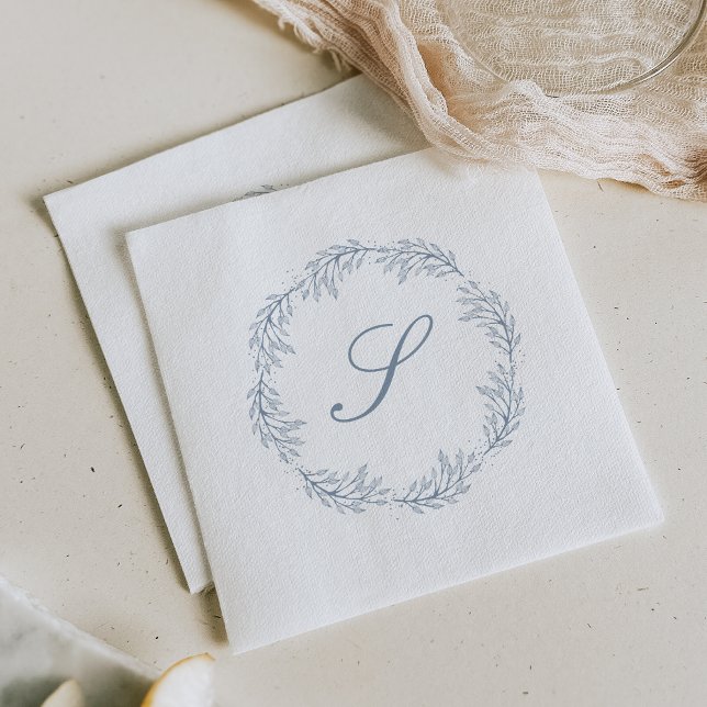 Serviette En Papier Monogramme Dusty Blue Wreath Classic Script Mariag (Créateur téléchargé)