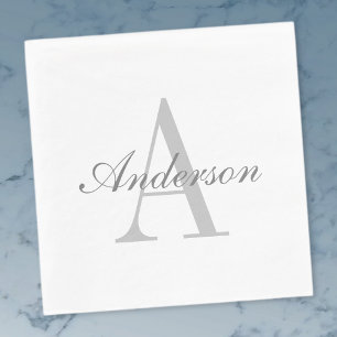 Serviette En Papier Monogramme élégant blanc et gris