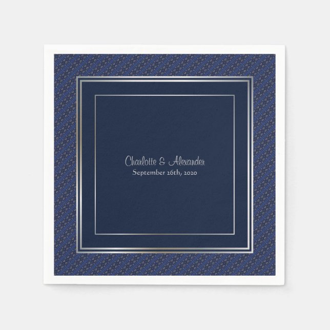 Serviette En Papier Monogramme Elegant Bleu foncé Mariage frontière d' (Devant)