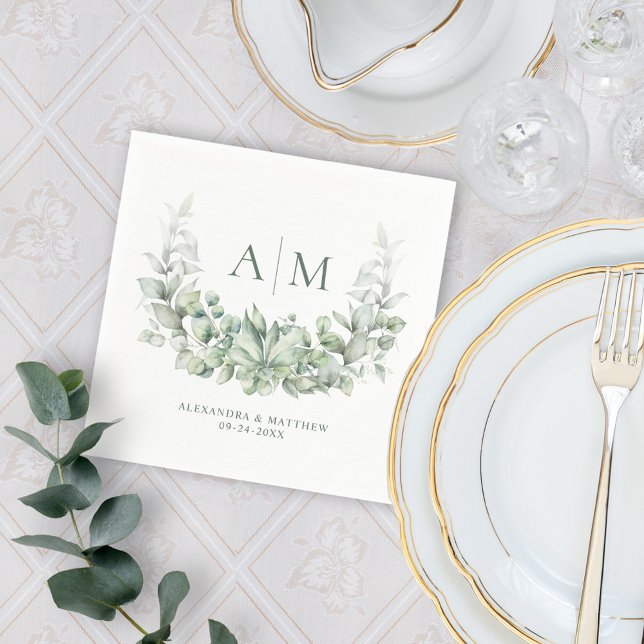 Serviette En Papier Monogramme Elegant Eucalyptus Mariage d'aquarelle (Créateur téléchargé)