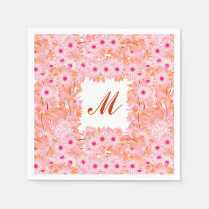 Serviette En Papier Monogramme encadré de fleurs - rose et pêche