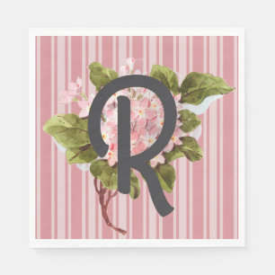 Serviette En Papier Monogramme et fleurs sur rayures roses