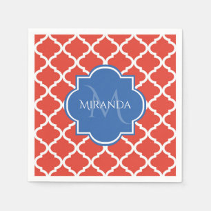 Serviette En Papier Monogramme et nom bleu Quatrefoil rouge tendance