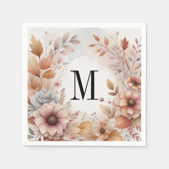 Serviette En Papier Monogramme Feuilles de automne et fleurs aquarelle (Devant)