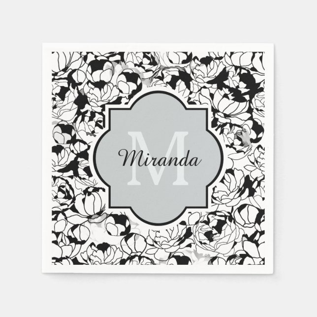 Serviette En Papier Monogramme Floral Blanc Noir Moderne Avec Nom (Devant)
