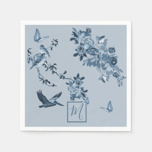 Serviette En Papier Monogramme floral chic blanc bleu