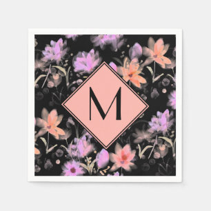 Serviette En Papier Monogramme floral élégant noir et rose corail