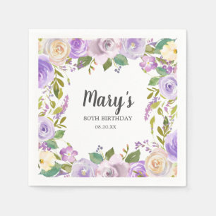 Serviette En Papier Monogramme floral pourpre 80e fête d'anniversaire