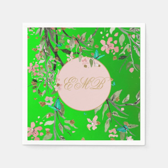 Serviette En Papier Monogramme Floral Vert Élégant Or rose Anniversair (Devant)