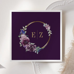 Serviette En Papier Monogramme Floral violet Boho Gold Frame Mariage