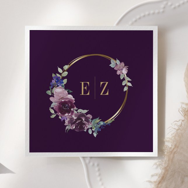 Serviette En Papier Monogramme Floral violet Boho Gold Frame Mariage (Créateur téléchargé)