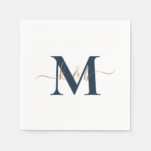 Serviette En Papier Monogramme Gold & Navy Swash Script Cocktail blanc