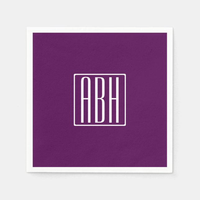 Serviette En Papier Monogramme initial | Blanc Sur Violet Profond (Devant)
