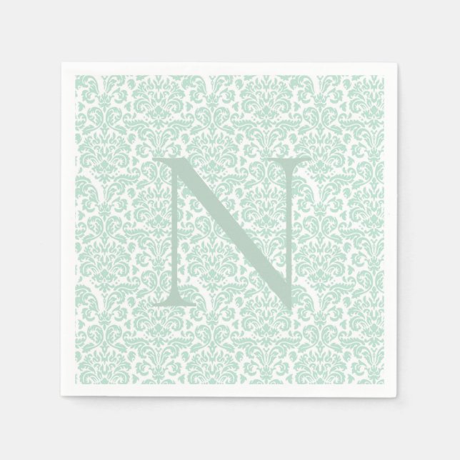 Serviette En Papier Monogramme initial Sage vert Damas (Devant)