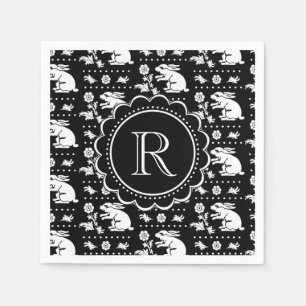 Serviette En Papier Monogramme lapin lapin vintage noir et blanc