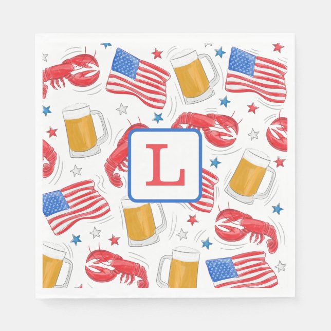 Serviette En Papier Monogramme Lobster Beer Drapeau Plaques en papier  (Devant)