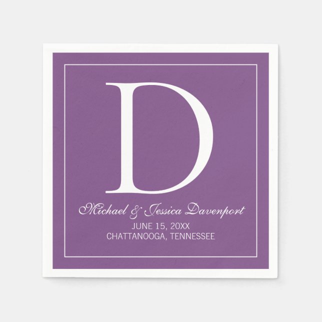 Serviette En Papier Monogramme Mariage blanc violet élégant moderne (Devant)