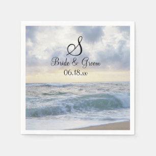 Serviette En Papier Monogramme Mariage Date Noms Jolie Plage Arrière-p