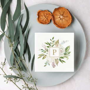 Serviette En Papier Monogramme Mariage de fleurs dorées