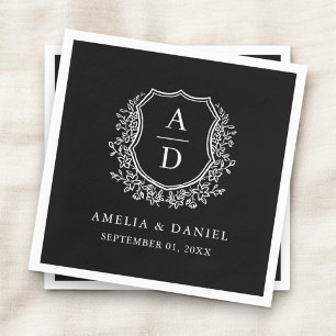 Serviette En Papier Monogramme Mariage de la crête blanche noire botan
