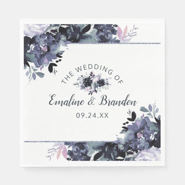 Serviette En Papier Monogramme Mariage encadré par la marine florale N (Devant)